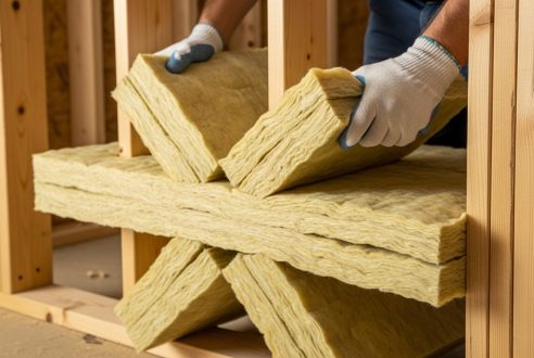 Poser de la laine minérale en double couche croisée