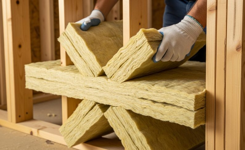 Poser de la laine minérale en double couche croisée