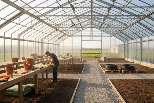 Aménager l&rsquo;intérieur d&rsquo;une serre : tables de rempotage et allées