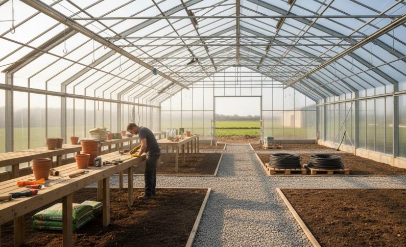 Aménager l&rsquo;intérieur d&rsquo;une serre : tables de rempotage et allées