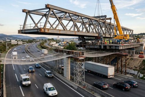 Le lançage d&rsquo;un pont métallique au-dessus d&rsquo;une autoroute sans couper le trafic