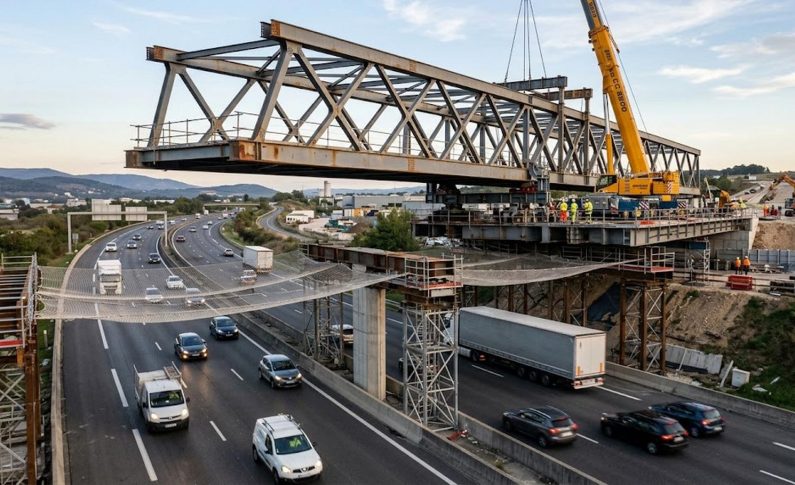 Le lançage d&rsquo;un pont métallique au-dessus d&rsquo;une autoroute sans couper le trafic