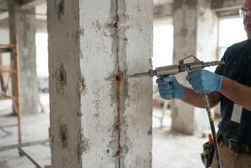Injection de résine dans une fissure de mur porteur