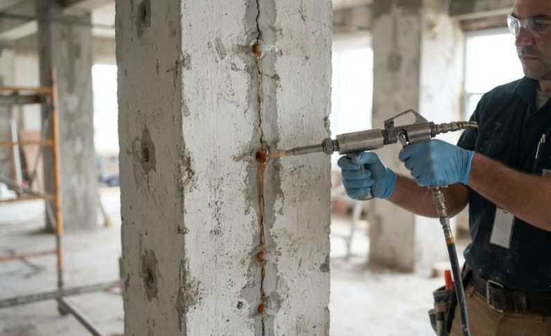 Injection de résine dans une fissure de mur porteur