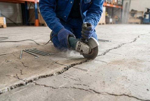 Réparation de sol béton par agrafage des fissures