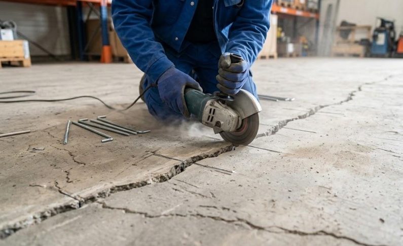 Réparation de sol béton par agrafage des fissures