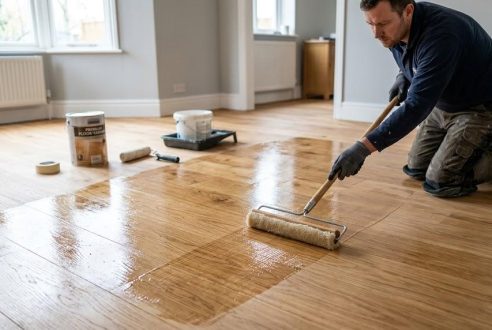 Application du vernis de protection : croiser les passes sur un plancher