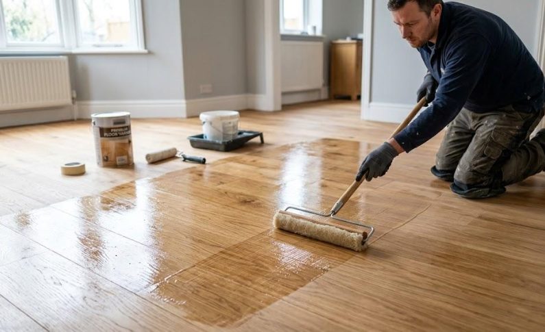 Application du vernis de protection : croiser les passes sur un plancher