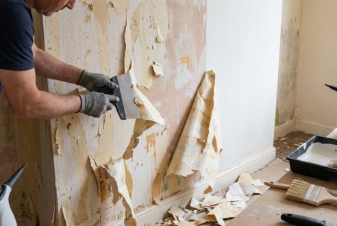 Débarras de papiers peints arrachés et de revêtements muraux avant mise en peinture