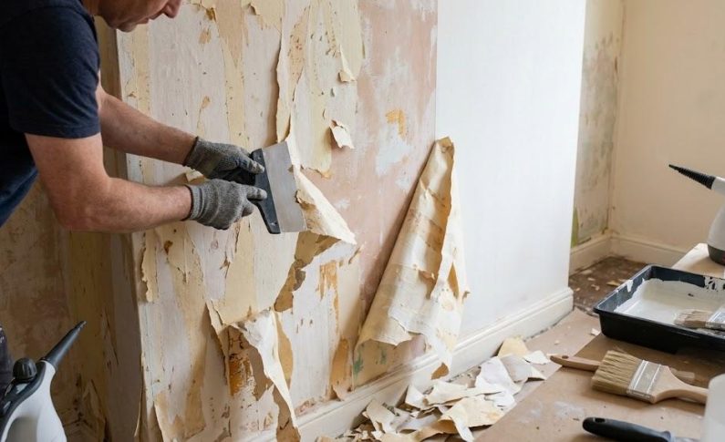 Débarras de papiers peints arrachés et de revêtements muraux avant mise en peinture