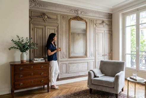 Un mur d&rsquo;accent style haussmannien : le secret du papier peint trompe-l&rsquo;œil