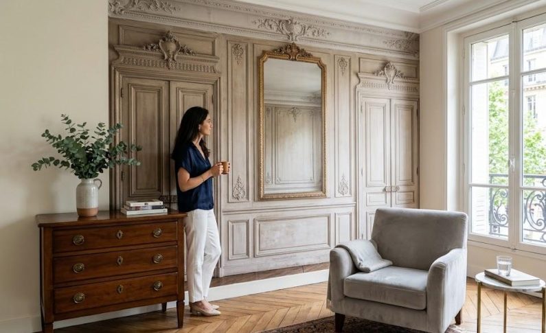 Un mur d&rsquo;accent style haussmannien : le secret du papier peint trompe-l&rsquo;œil